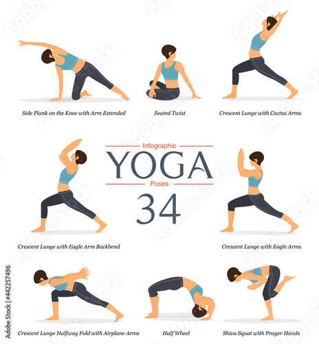 Set of 8 yoga poses or asana posture in flat design. Beauty woman in blue sportswear and black yoga pants is doing exercise at home for body stretching. Yoga infographics. Vector illustration.