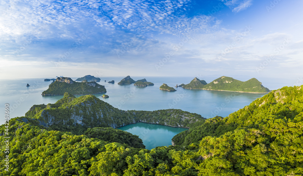 Obraz premium Angthong National Marine Park, Thailand islands natural background sea land beach sky water ocean Gulf of Thailand no people copy space yachting yacht sail boat sailing adventure escape drone aerial