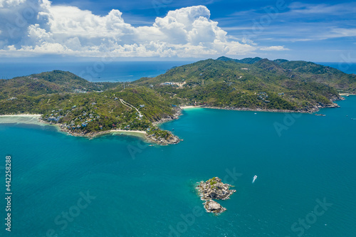 Koh Tao Island Ko Tao Island Thailand Drone Aerial Shot with Copy Space blue green turquoise landscape panorama