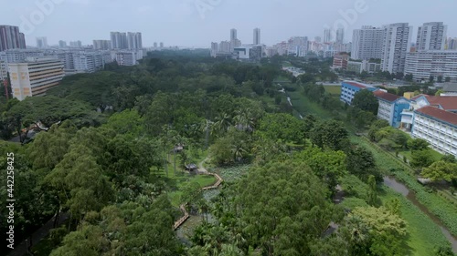 Panorama Of Bishan-Ang Mo Kio Park With Urban Landscape At Background In Singapore. - Aerial, Slow Motion photo