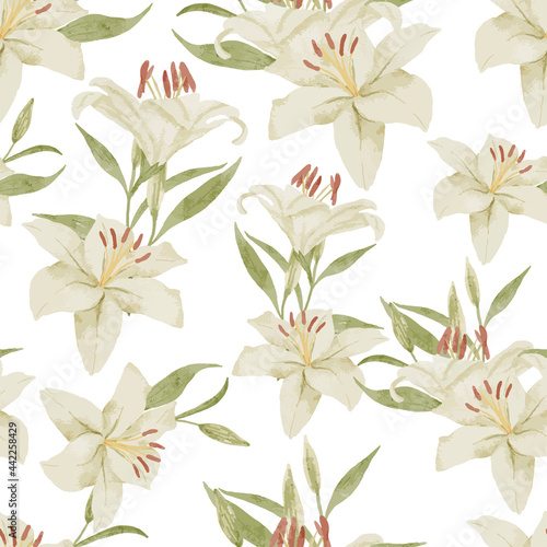 watercolor white lily tropical flower seamless pattern