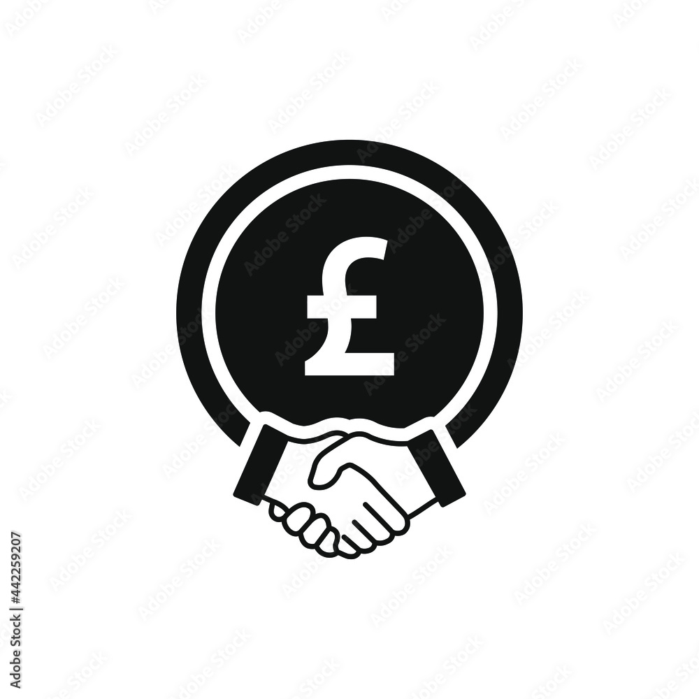 Money agreement, financial deal, Pound currency with handshake icon concept isolated on white background. Vector illustration Money agreement, financial deal, Pound currency with handshake icon concept isolated on white background. Vector illustration