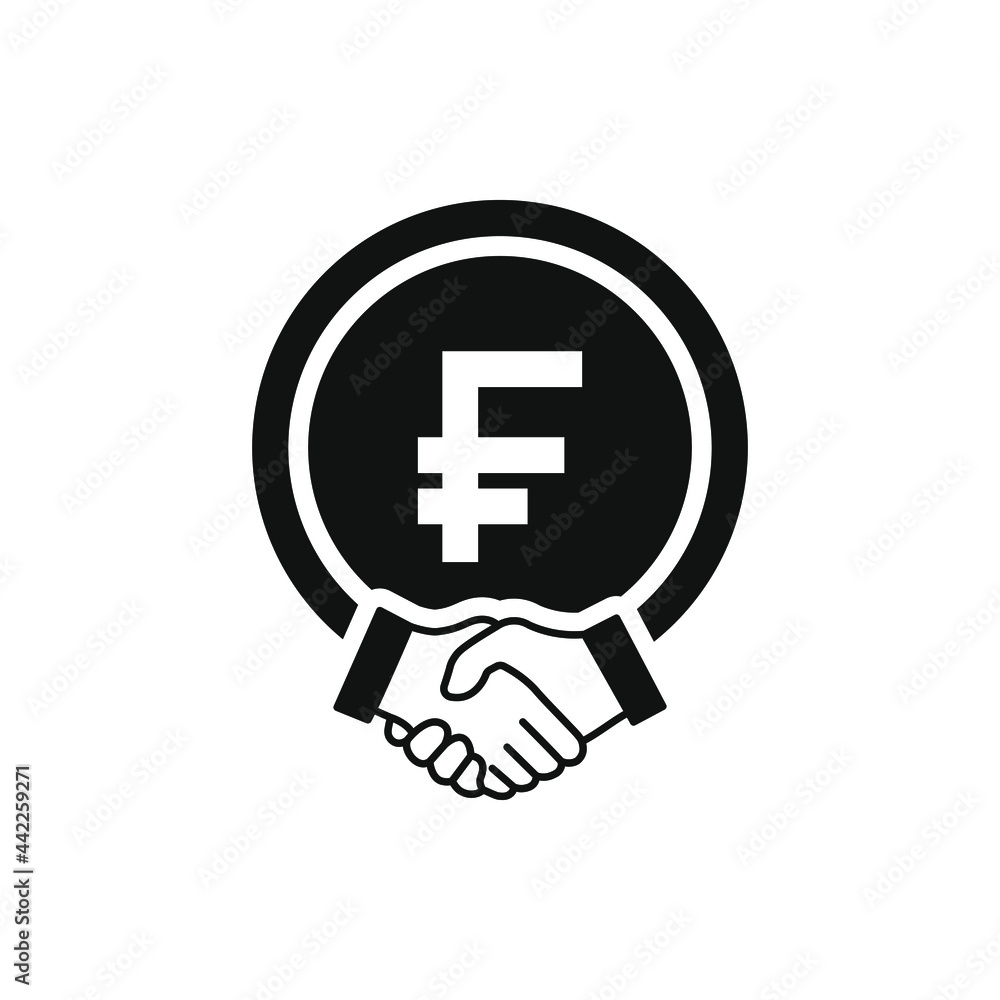 Money agreement, financial deal, Franc currency with handshake icon concept isolated on white background. Vector illustration Money agreement, financial deal, Franc currency with handshake icon concept isolated on white background. Vector illustration