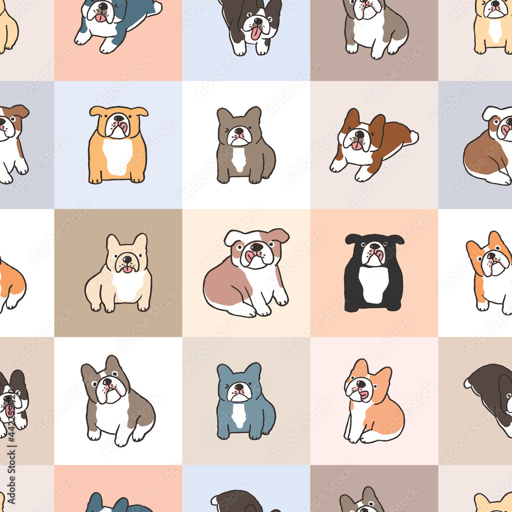 Seamless Pattern of Cartoon Bulldog Illustration on Pastel Plaid Background