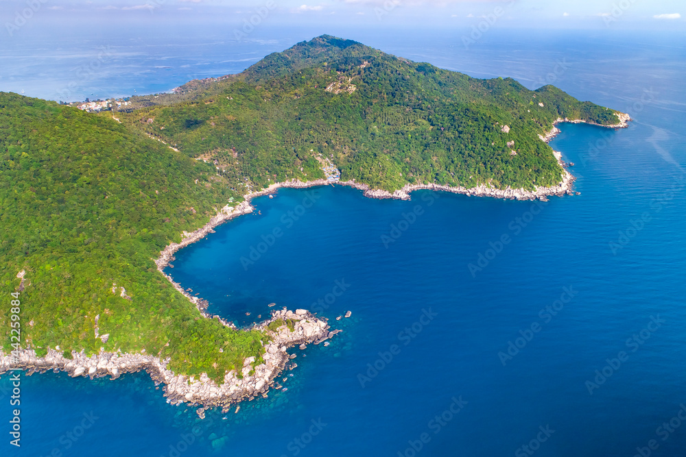 View of Koh Tao Thailand with copy space and no people South East Asia Drone Aerial UAV