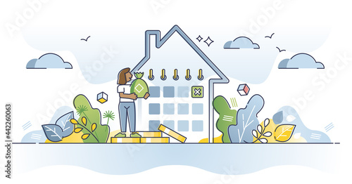 Mortgage payments as loan payback for home purchase deal outline concept. Schedule calendar with monthly money transaction plans vector illustration. Debt as home property redeem obligation for bank.