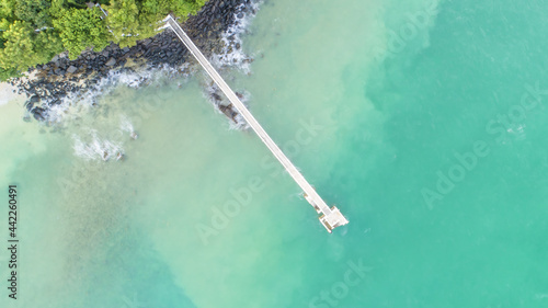 Pier harbour harbor copy space and no people green ocean waves rocks jungle forest trees 