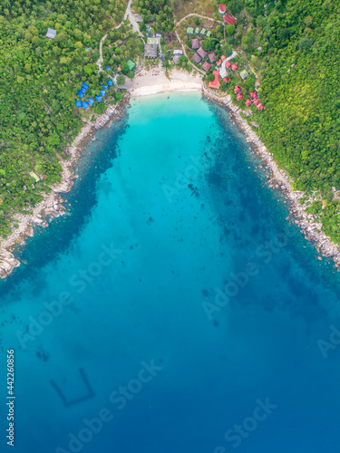 Koh Tao, Thailand Drone Aerial View Tropical Island Scuba Diving Resort with Copy Space