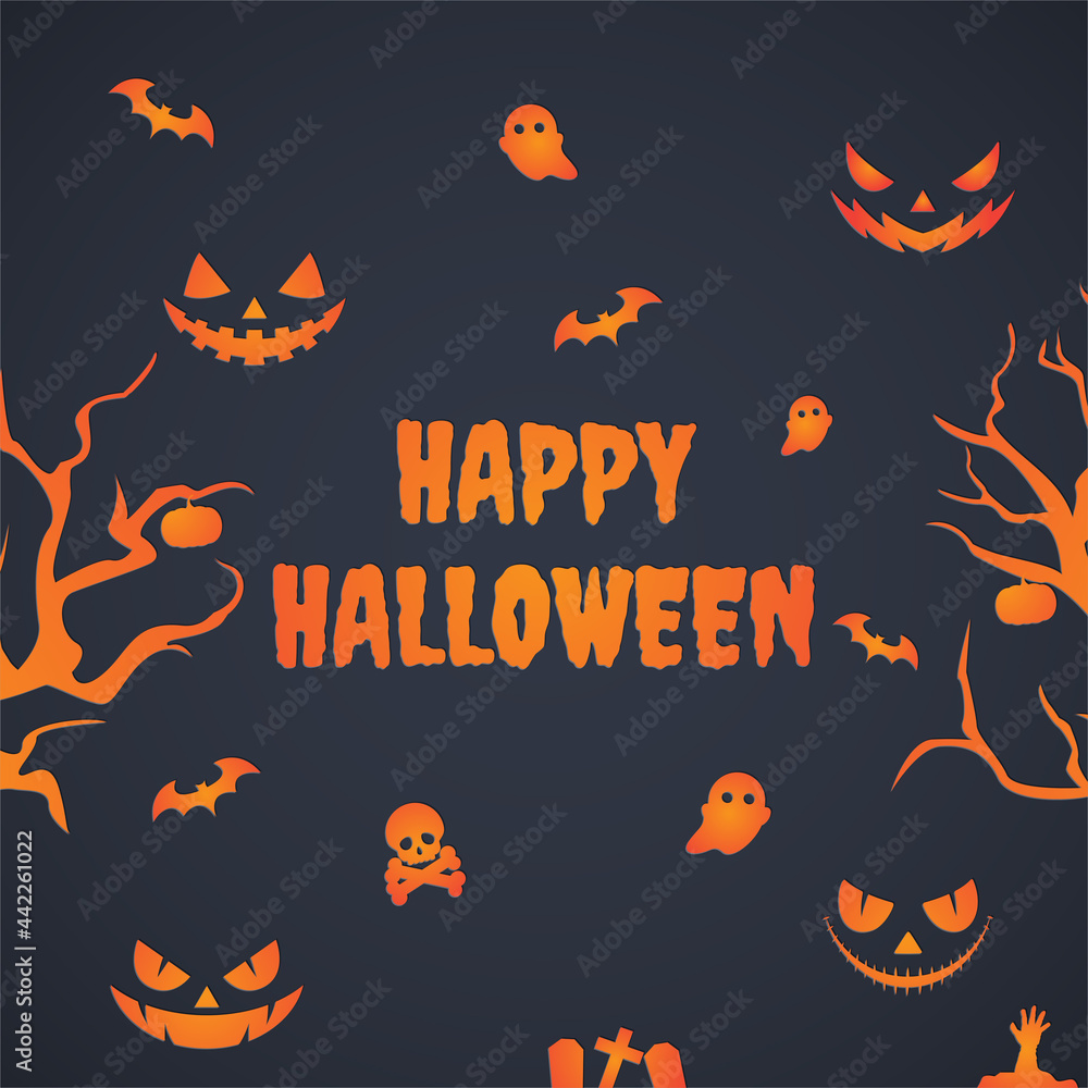 Happy Halloween holiday party composition with ghosts and bats. Vector illustration of top view background
