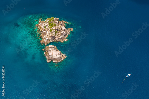 Shark Island, Koh Tao Island Ko Tao Island Thailand Drone Aerial Shot with Copy Space blue green turquoise landscape