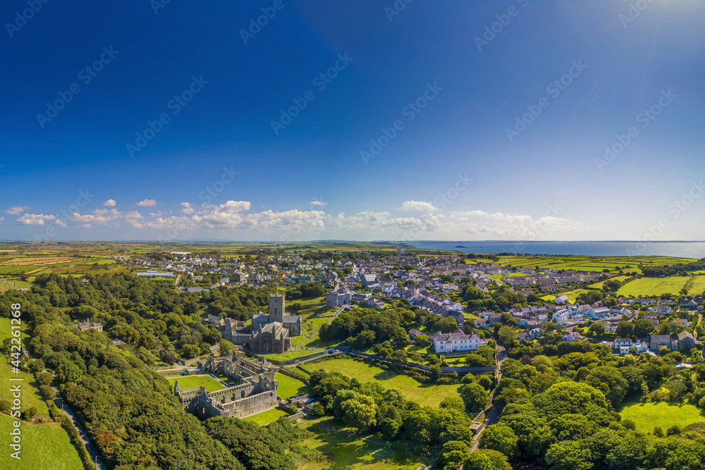 Cathedral at St Davids City, Pembrokeshire, Wales drone aerial photo landscape with copy space and no people