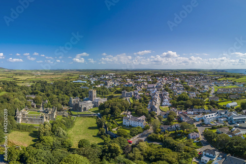 Fototapeta Naklejka Na Ścianę i Meble -  Cathedral at St Davids City, Pembrokeshire, Wales drone aerial photo landscape with copy space and no people
