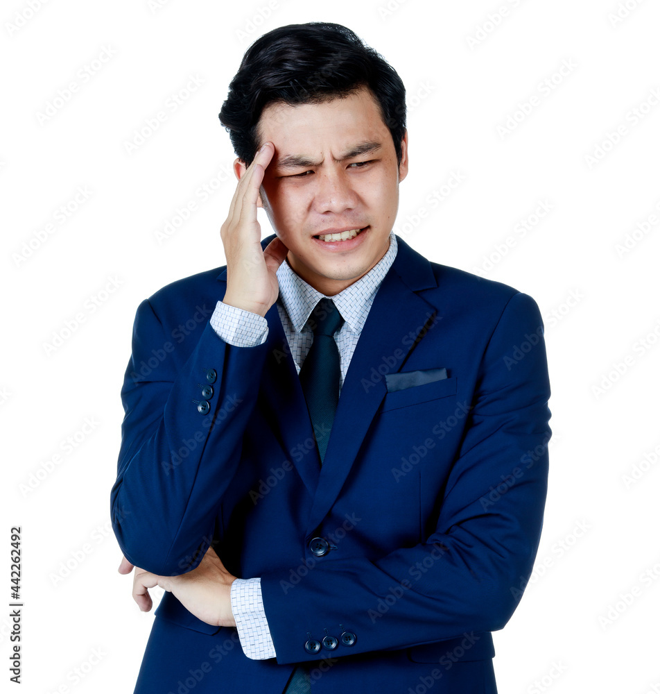 Young attractive asian business man wearing navy blue suit with white shirt and necktie put his hand on his head looking disappointed and stressful. White background isolated Young attractive asian business man wearing navy blue suit with white shirt and necktie put his hand on his head looking disappointed and stressful. White background isolated