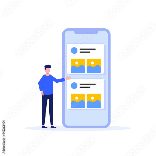 illustration man spring view photos on the internet on a smart phone