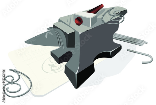 Blacksmith Workshop concept with Old scratched anvil and hammer with wooden handle, cast iron fence draft and metal rods on white background