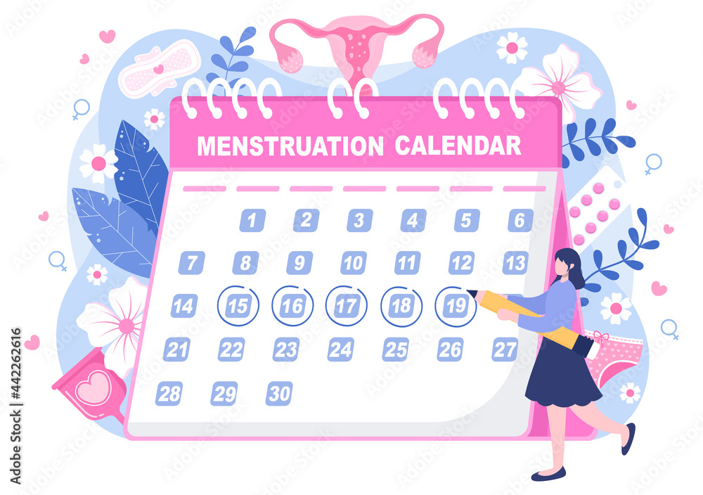Menstruation Period Calendar Women To Check Date Cycle. Illustration of Reproductive Organs Female, Sanitary Napkin and Medicine Menstruation Period Calendar Women To Check Date Cycle. Illustration of Reproductive Organs Female, Sanitary Napkin and Medicine