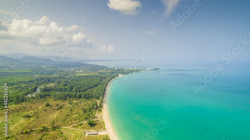 Wide landscape panorama of Phuket, Thailand aerial ariel drone uav ocean land coastline shore clouds water sea no people copy space