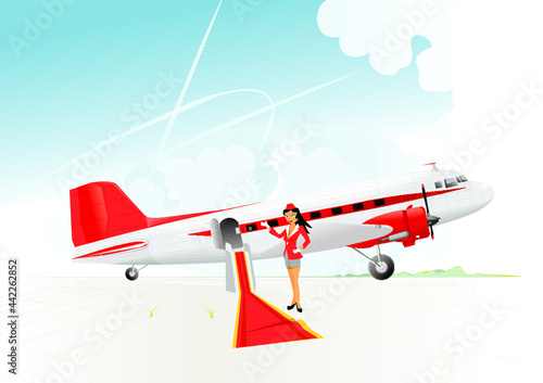 Welcome on board concept with old Douglas passenger plane standing on runway and flight attendant invites you for boarding
