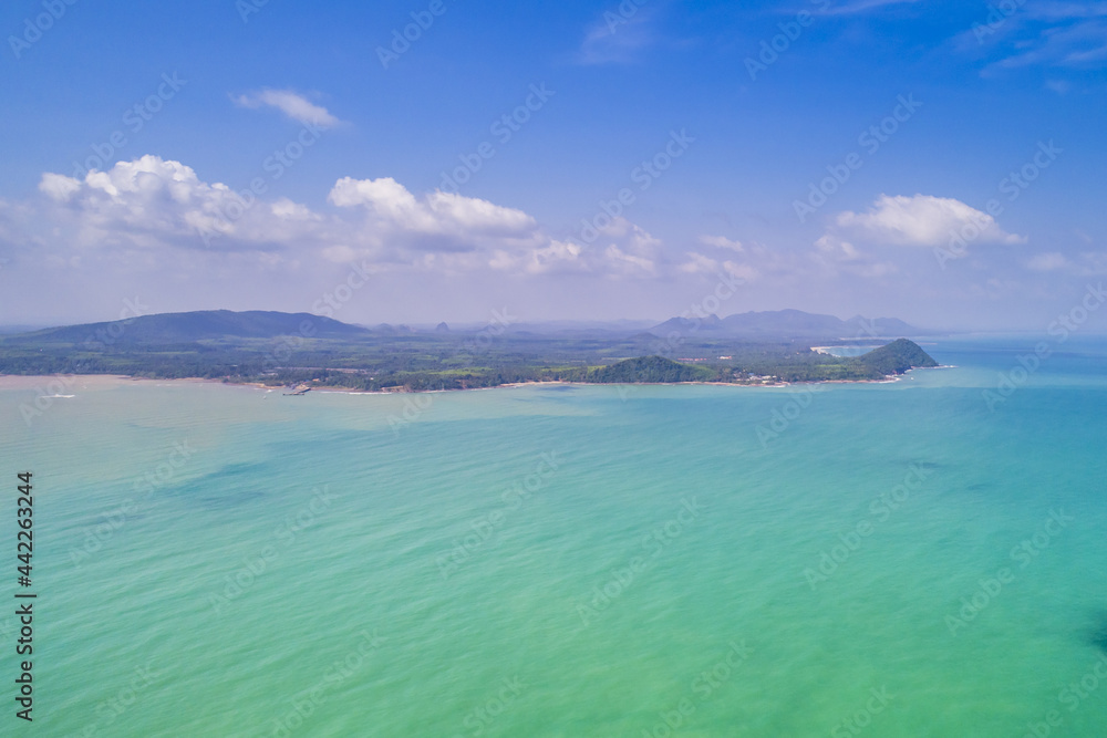 Laem Hua Mong-Kho Kwang Viewpoint in Chumphon Thailand, sea land drone aerial view with copy space and boats