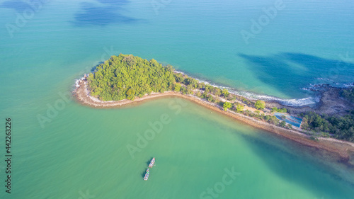 Round Circular Curved Land Formation in the South of Thailand Chumphon with copy space, and no people with a beach and rocks birds eye view
