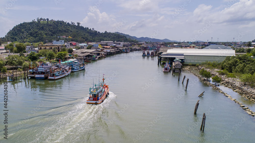 Fototapeta premium Pak Naam in Chumphon Thailand Drone Aerial UAV shot with skies and sea landscape with copy space