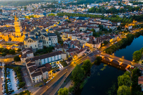 Night aerial view of Perigueux cityscape and cathedral of St Front in Dordogne department  southwestern France