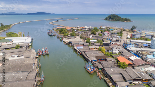 Pak Naam in Chumphon Thailand Drone Aerial UAV shot with skies and sea landscape with copy space