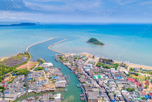 Pak Naam in Chumphon Thailand Drone Aerial UAV shot with skies and sea landscape with copy space