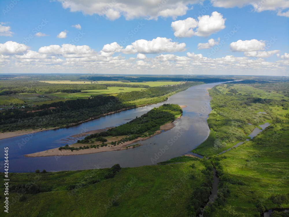 Aerial view of an island on the Vyatka River (Slobodskoy District, Kirov Region, Russia)