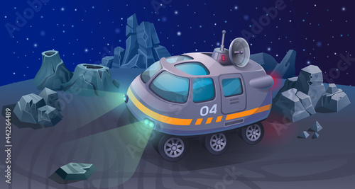 The space rover explores the surface of the planet. Armored personnel carrier with astronauts on board. 