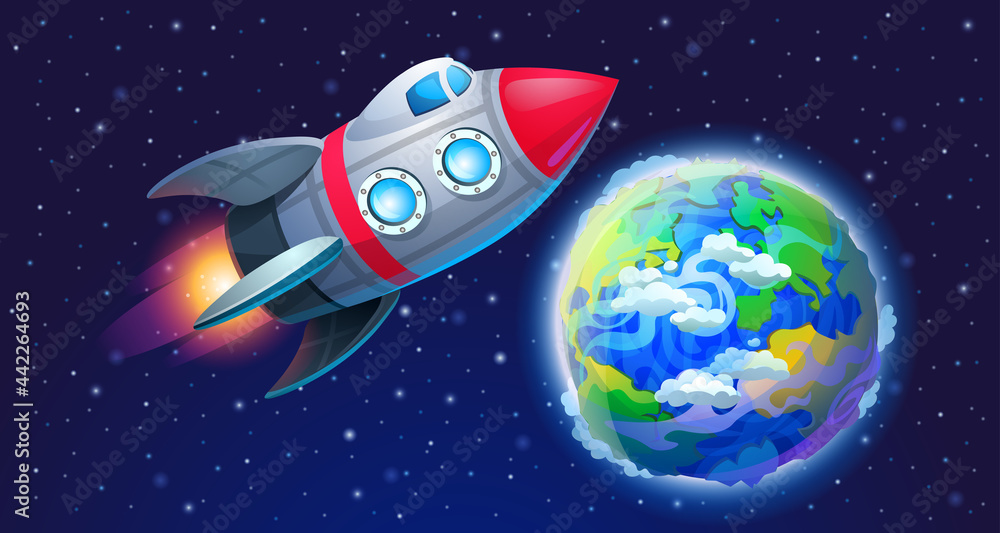 The rocket flies in space opposite the stars and planet Earth. Vector illustration of space adventure. The rocket flies in space opposite the stars and planet Earth. Vector illustration of space adventure.