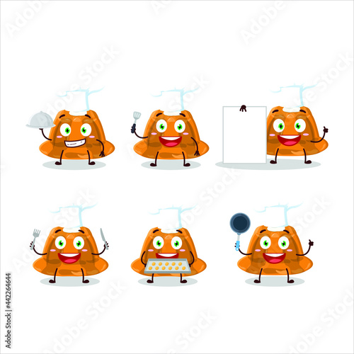 Cartoon character of orange pudding with cerry with various chef emoticons. Vector illustration
