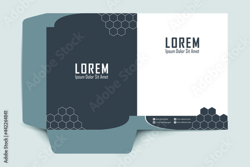 Presentation folder design template. Cover design for folder, brochure, catalogue, layout for placement of photos and text, creative modern design of geometric elements. Vector illustration