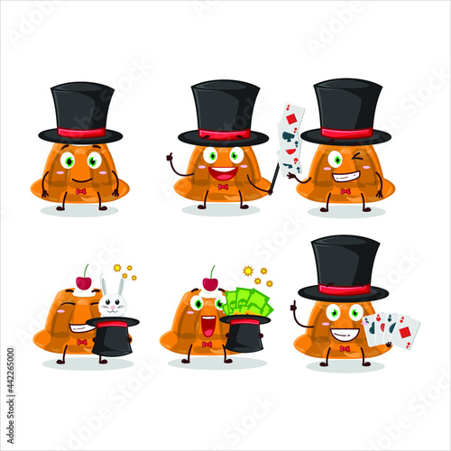A orange pudding with cerry Magician cartoon character perform on a stage. Vector illustration