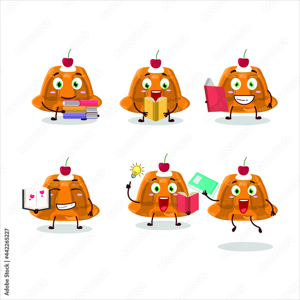 A picture of orange pudding with cerry cartoon character concept reading an amusing book. Vector illustration A picture of orange pudding with cerry cartoon character concept reading an amusing book. Vector illustration