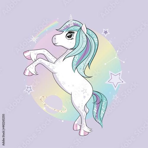 Cute little unicorn character with butterfly wings flying in the skies. Vector.