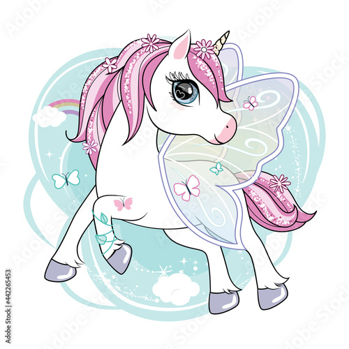 Cute little unicorn character with butterfly wings flying in the skies. Vector.