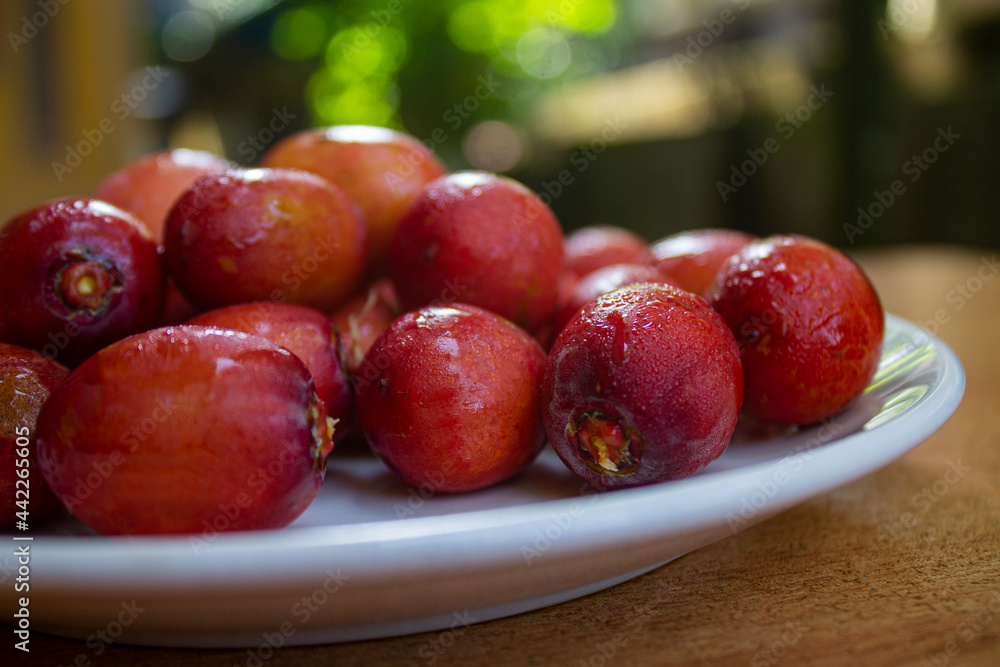 Red dates isolated on a ceramic plate Red dates isolated on a ceramic plate