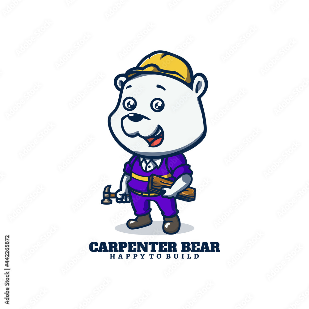 Naklejka premium Vector Logo Illustration Carpenter Bear Mascot Cartoon Style.