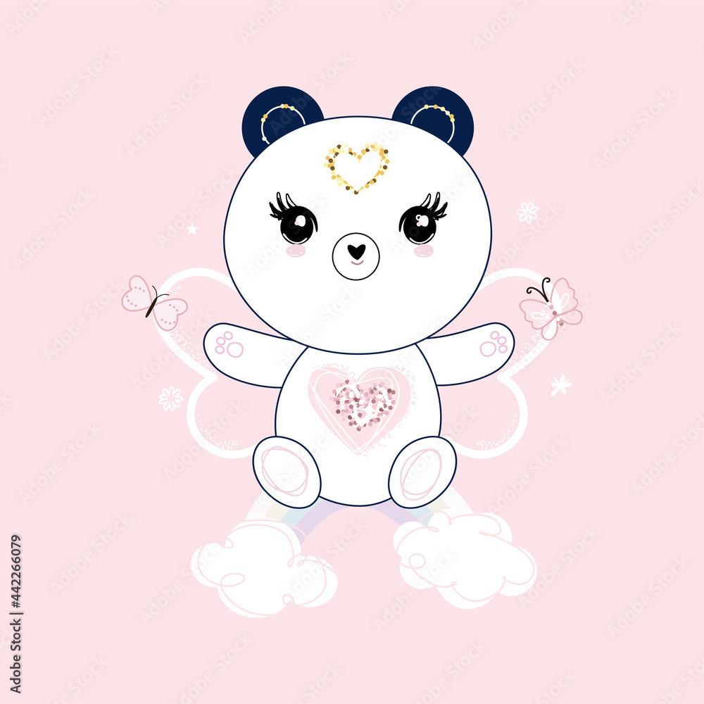 Cute panda sitting on the rainbow, hearts and flowers over pastel pink background. Trendy art. Vector. Cute panda sitting on the rainbow, hearts and flowers over pastel pink background. Trendy art. Vector.