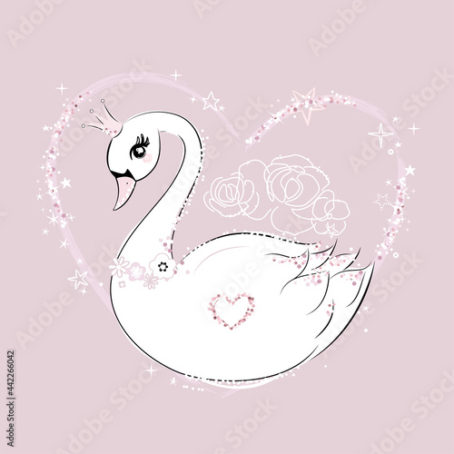 Fototapeta Naklejka Na Ścianę i Meble -  Cute little swan princess on pink background. Vector.