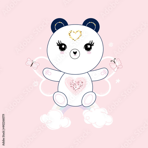 Cute panda sitting on the rainbow, hearts and flowers over pastel pink background. Trendy art. Vector.
