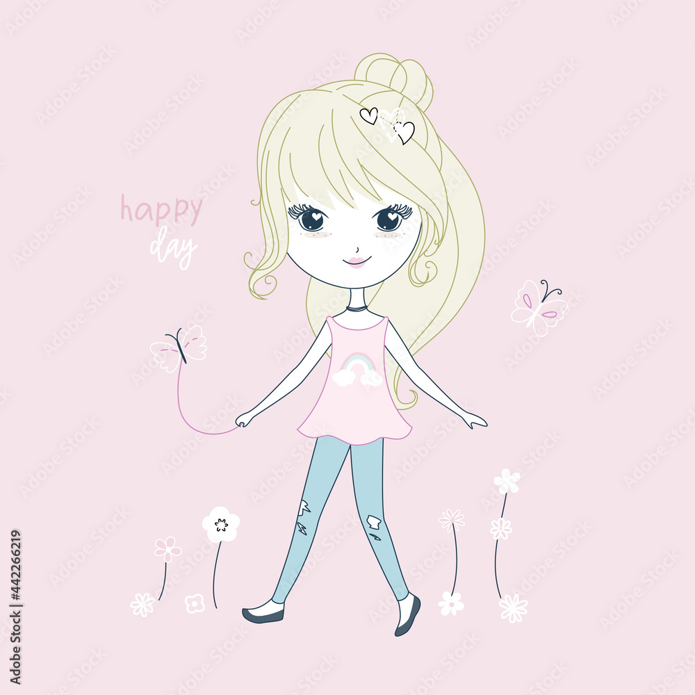 Hand drawn beautiful, cute curly hair girl playing outside. Happy sunny days. Vector. Hand drawn beautiful, cute curly hair girl playing outside. Happy sunny days. Vector.