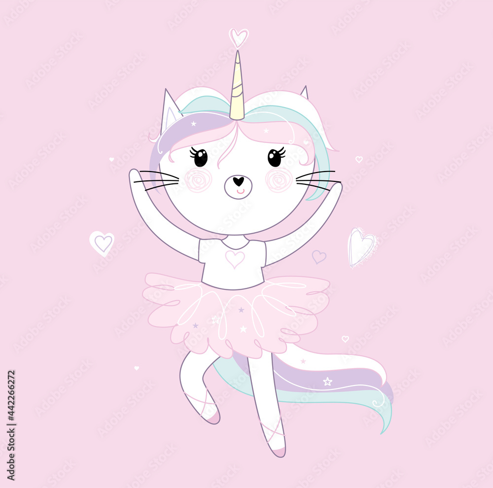 Cute little white cat unicorn or caticorn. Pastel soft colors. Vector. Cute little white cat unicorn or caticorn. Pastel soft colors. Vector.