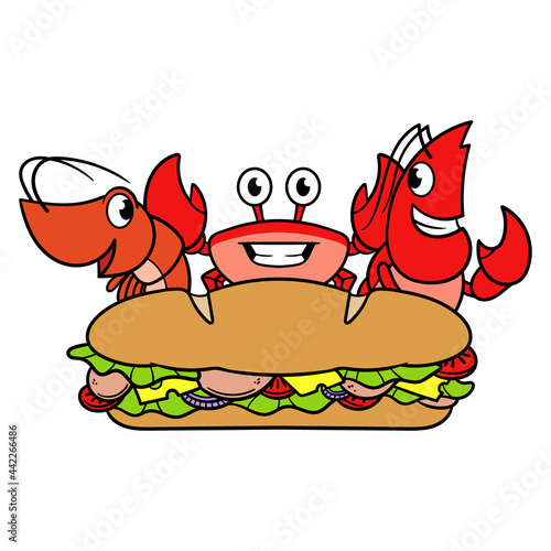 Cartoon Shrimp Crab Lobster and Submarine Sandwich Illustration