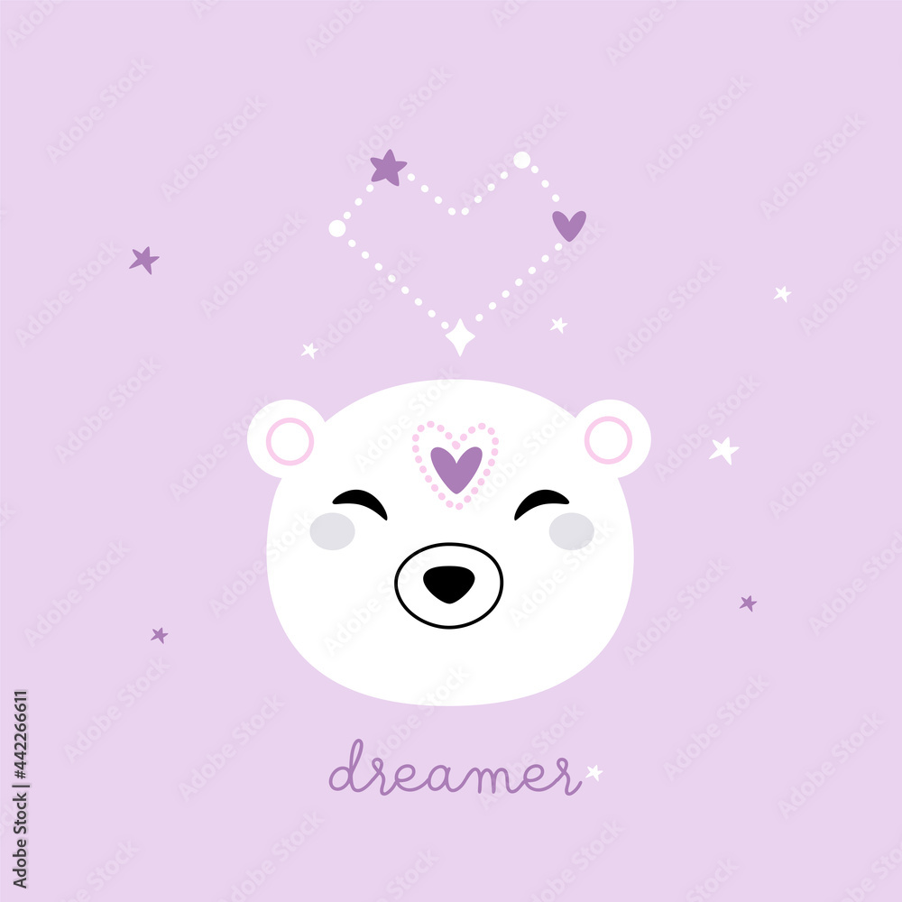 Dreamer beer with heart constellation over lavender galactic background. Trendy pastel soft colors. Vector. Dreamer beer with heart constellation over lavender galactic background. Trendy pastel soft colors. Vector.