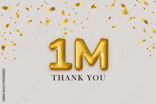 1 million followers  gold balloons lettering with confetti, 1 million thank you card celebration background photo