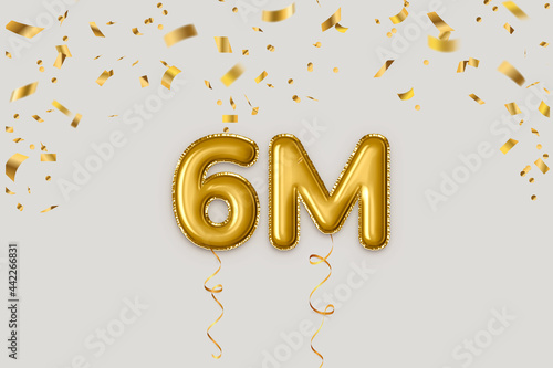 six million followers golden balloons 3d rendered lettering with gold confetti celebration concept background photo