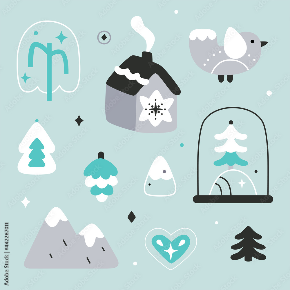 Naklejka premium Christmas illustrations, hand drawn elements in Scandinavian style. Vector.