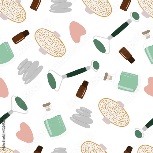 Seamless pattern of elements for face and body massage, oil, set of beauty illustrations, spa and wellness therapy, flat cartoon illustration, body care, vector illustration on a white background